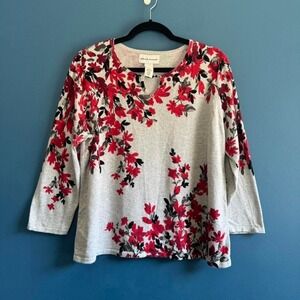 Alfred Dunner Floral Keyhole Blouse Women's Size‎ Small Red Gray Beaded Leaf